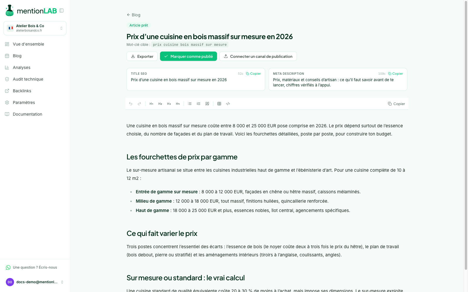 A ready article: Export, Mark as published, or connect a publishing channel