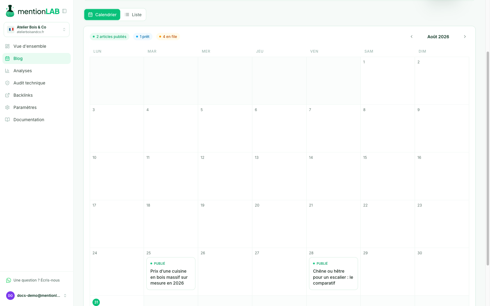 The publishing calendar: published, ready and scheduled articles