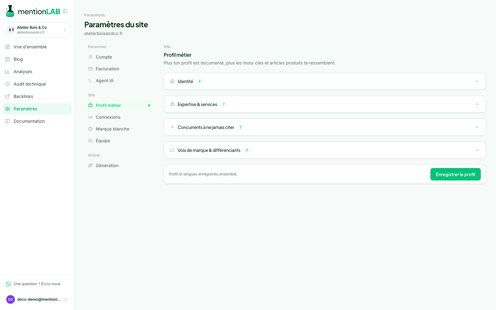 The business profile in the site settings